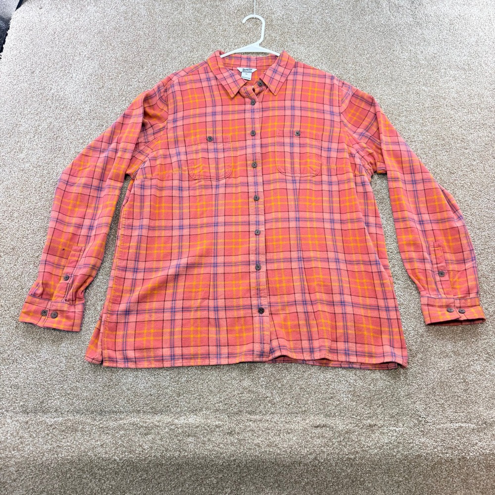 Duluth Trading Co XL Mens Pink Orange Plaid Free Swingin Flannel Button Down